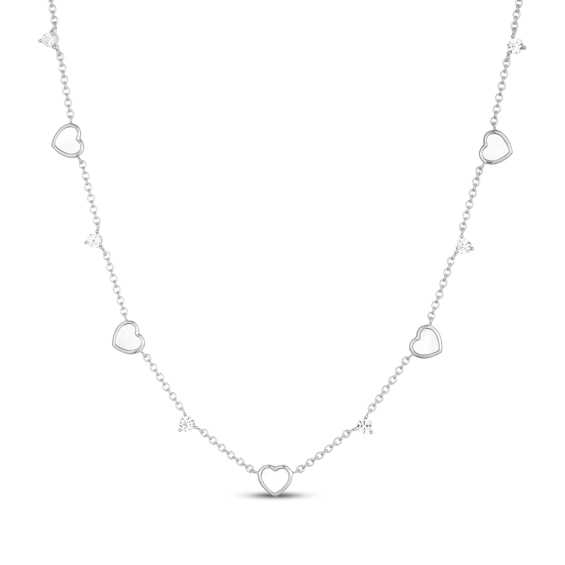 Heart-Shaped Natural Mother-of-Pearl & White Lab-Created Sapphire Station Necklace Sterling Silver 20"