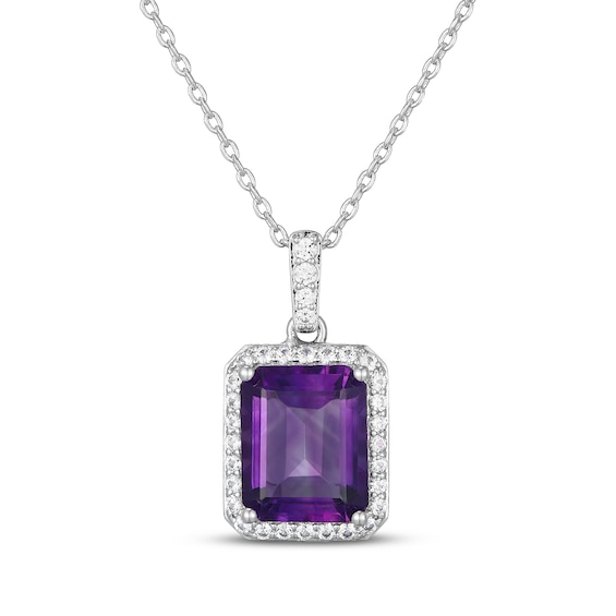 Emerald-Cut Natural Amethyst & White Lab-Created Sapphire Halo Necklace Sterling Silver 18"