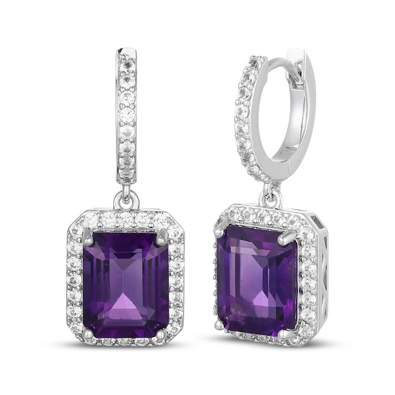 Emerald-Cut Natural Amethyst & White Lab-Created Sapphire Hoop Drop Earrings Sterling Silver