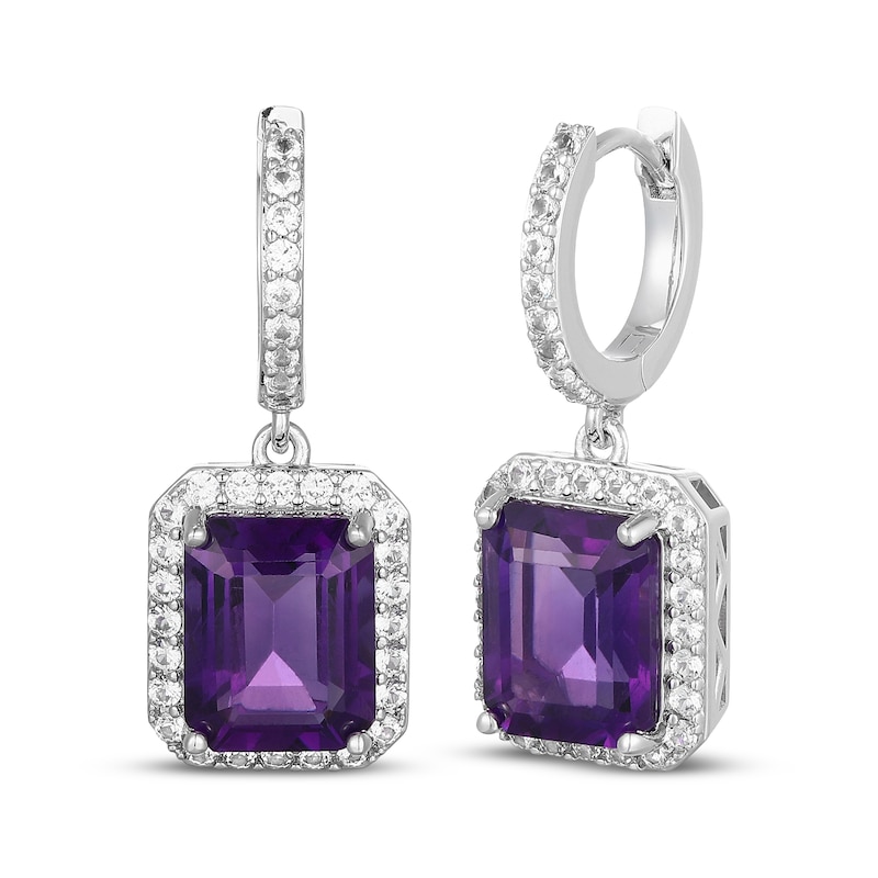 Main Image 1 of Emerald-Cut Natural Amethyst & White Lab-Created Sapphire Hoop Drop Earrings Sterling Silver