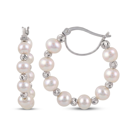 Cultured Pearl & Bead Hoop Earrings Sterling Silver