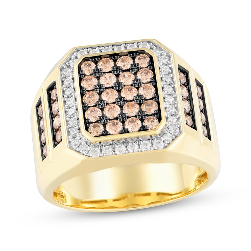 Men's Brown & White Multi-Diamond Center Signet Ring 1-1/2 ct tw 10K Yellow Gold