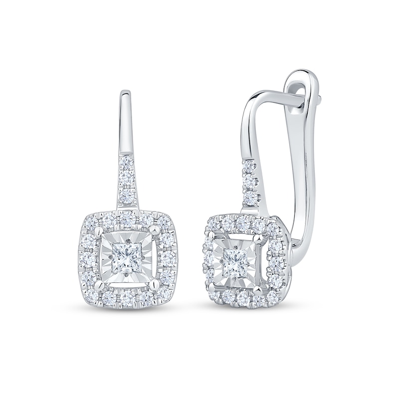Main Image 1 of Princess-Cut Diamond Cushion Halo Drop Earrings 1/4 ct tw 10K White Gold
