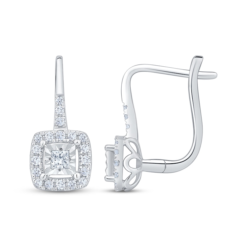 Main Image 3 of Princess-Cut Diamond Cushion Halo Drop Earrings 1/4 ct tw 10K White Gold