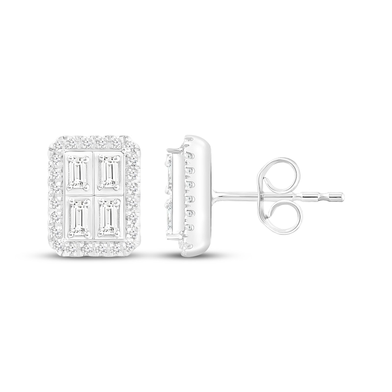 Main Image 1 of Baguette & Round-Cut Multi-Diamond Octagon Stud Earrings 1/3 ct tw 10K White Gold