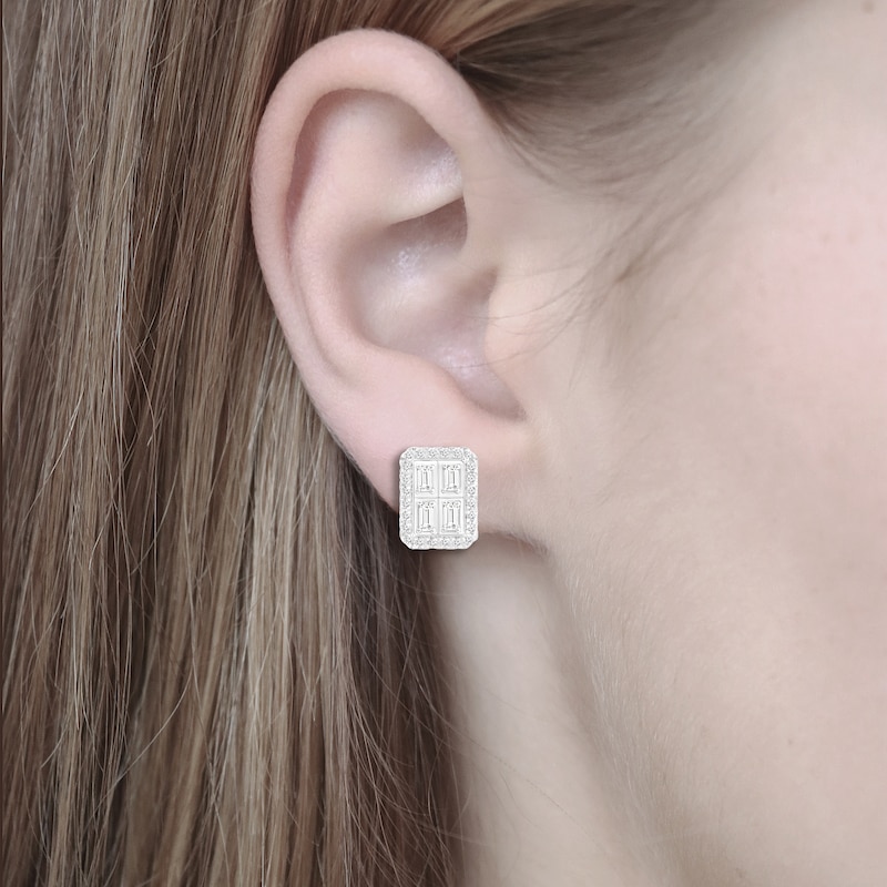 Main Image 2 of Baguette & Round-Cut Multi-Diamond Octagon Stud Earrings 1/3 ct tw 10K White Gold