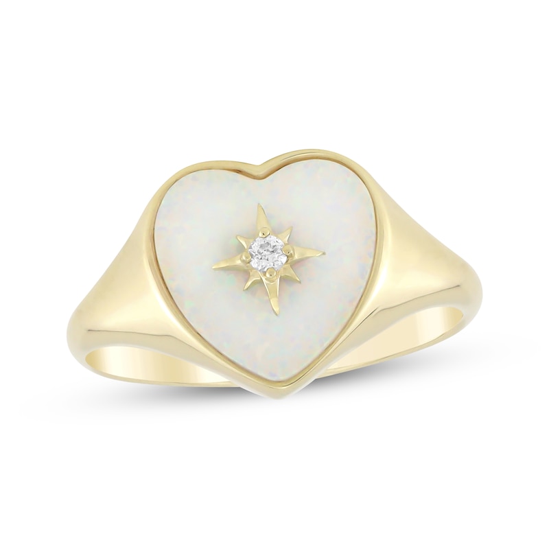 Main Image 1 of Heart-Shaped Lab-Created Opal & Diamond Accent Star Signet Ring 10K Yellow Gold