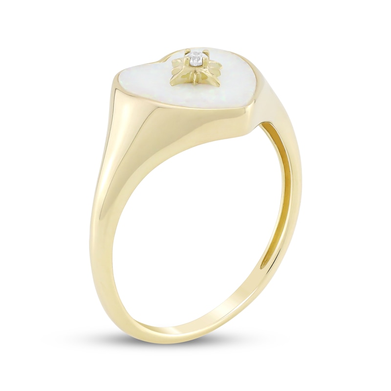 Main Image 2 of Heart-Shaped Lab-Created Opal & Diamond Accent Star Signet Ring 10K Yellow Gold