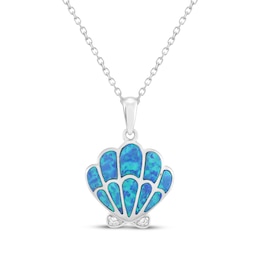 Blue-Green Lab-Created Opal & White Lab-Created Sapphire Shell Necklace Sterling Silver 18"