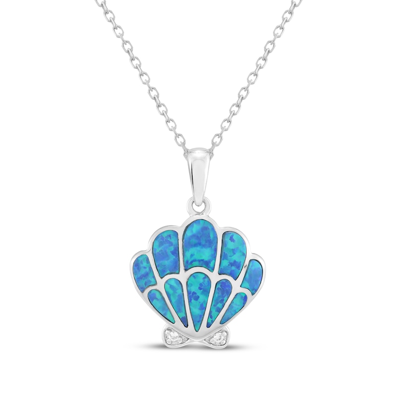 Main Image 1 of Blue-Green Lab-Created Opal & White Lab-Created Sapphire Shell Necklace Sterling Silver 18"