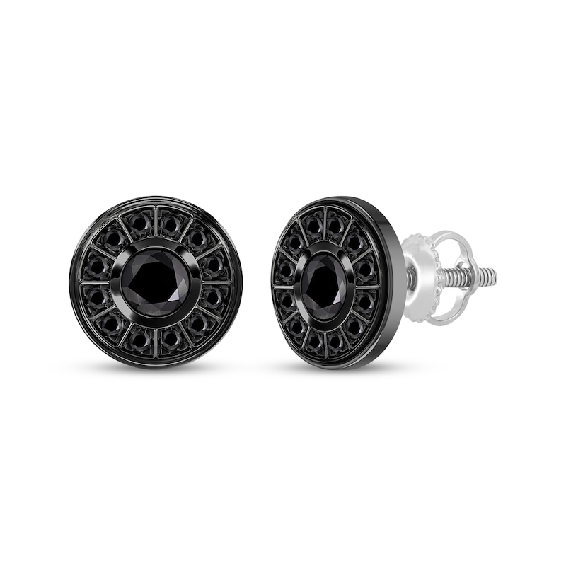 Main Image 1 of Men's Black Diamond Circle Stud Earrings 1 ct tw Black Ion-Plated Sterling Silver