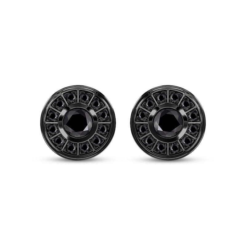 Main Image 2 of Men's Black Diamond Circle Stud Earrings 1 ct tw Black Ion-Plated Sterling Silver