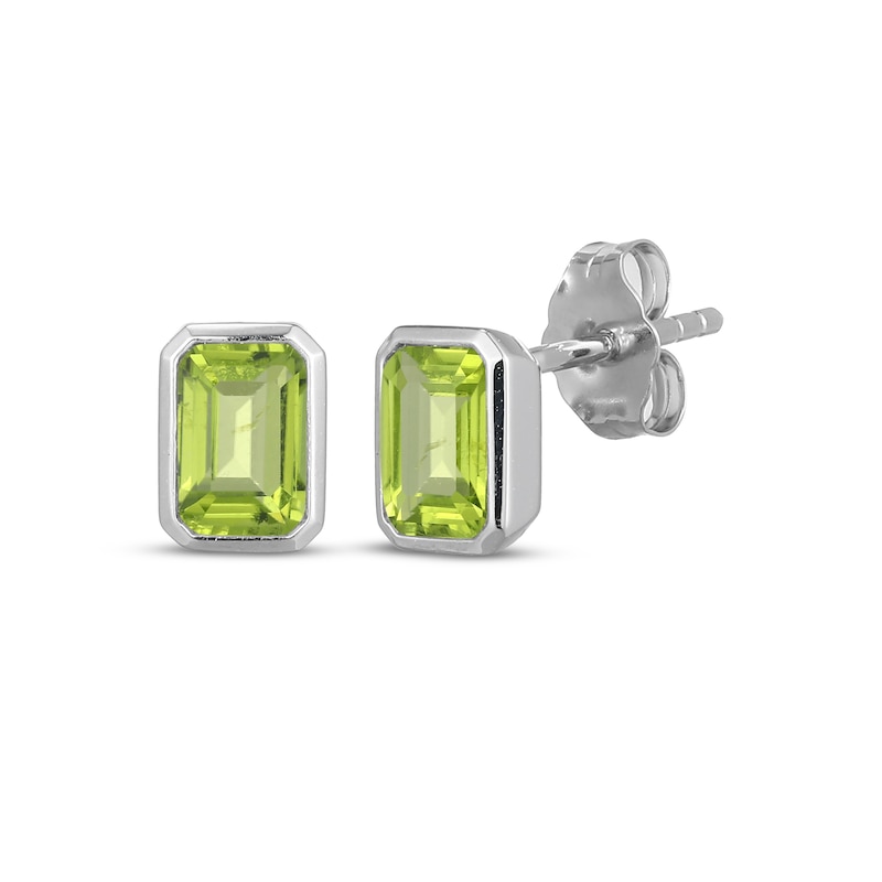 Main Image 1 of STUDIO BY KAY Emerald-Cut Peridot Bezel-Set Solitaire Stud Earrings Sterling Silver