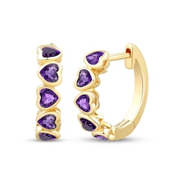 Heart-Shaped Amethyst Stacked Hoop Earrings 10K Yellow Gold