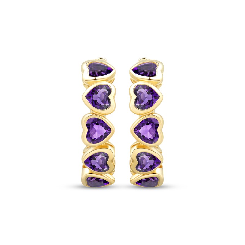 Main Image 2 of Heart-Shaped Amethyst Stacked Hoop Earrings 10K Yellow Gold