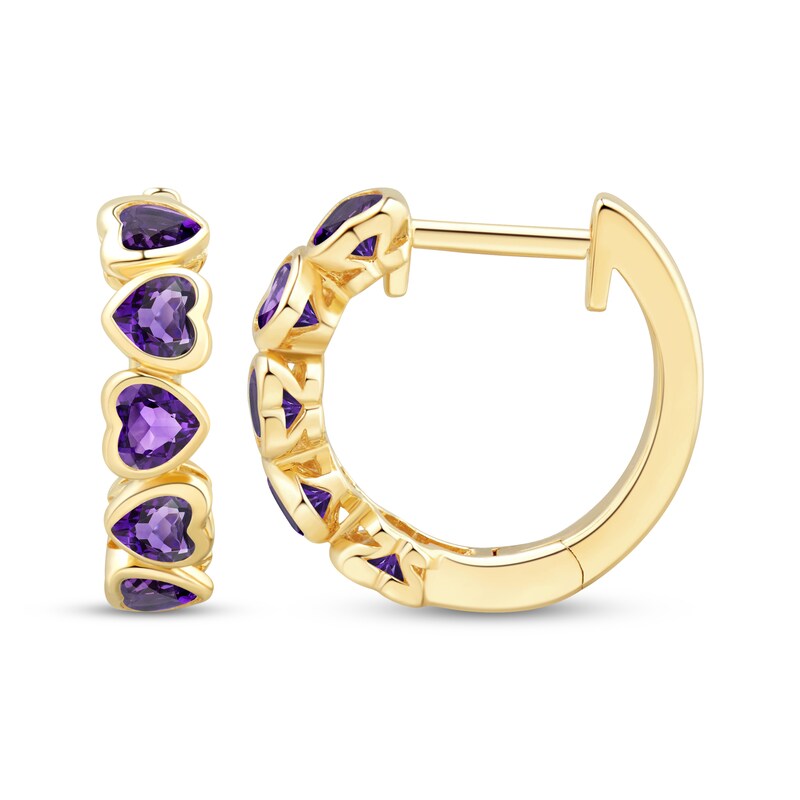 Main Image 3 of Heart-Shaped Amethyst Stacked Hoop Earrings 10K Yellow Gold