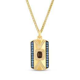 Le Vian Men's Cushion-Cut Chocolate Quartz & Blue Sapphire Tag Necklace 1/3 ct tw Diamonds 14K Honey Gold 22"