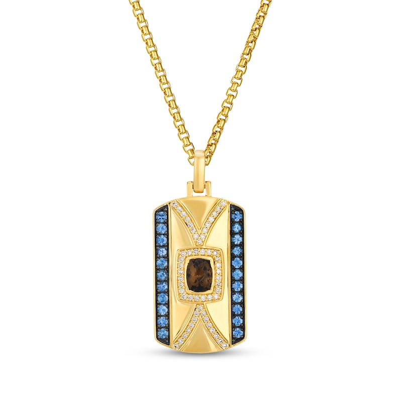 Main Image 1 of Le Vian Men's Cushion-Cut Chocolate Quartz & Blue Sapphire Tag Necklace 1/3 ct tw Diamonds 14K Honey Gold 22"