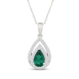 Pear-Shaped Lab-Created Emerald & White Lab-Created Sapphire Double Frame Necklace Sterling Silver 18"