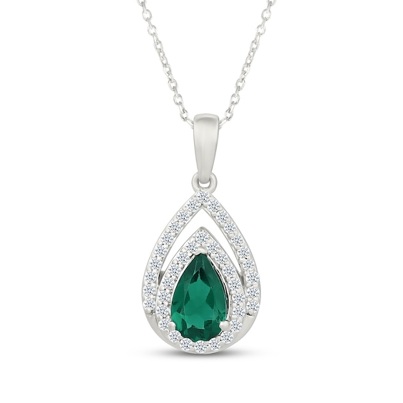 Pear-Shaped Lab-Created Emerald & White Lab-Created Sapphire Double Frame Necklace Sterling Silver 18"