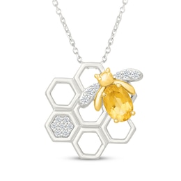Oval-Cut Citrine & White Lab-Created Sapphire Honeybee Necklace Sterling Silver & 10K Yellow Gold 18"