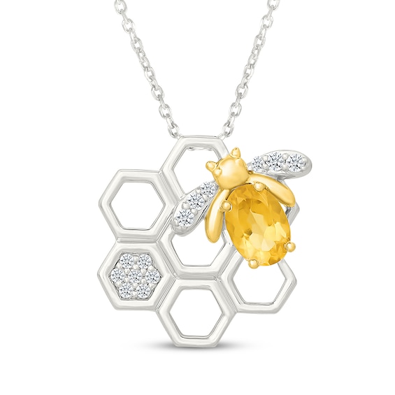 Oval-Cut Citrine & White Lab-Created Sapphire Honeybee Necklace Sterling Silver & 10K Yellow Gold 18"
