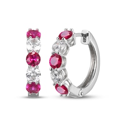 Lab-created Ruby & White Lab-Created Sapphire Hoop Earrings Sterling Silver