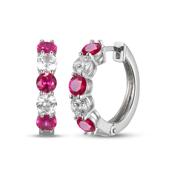Lab-created Ruby & White Lab-Created Sapphire Hoop Earrings Sterling Silver