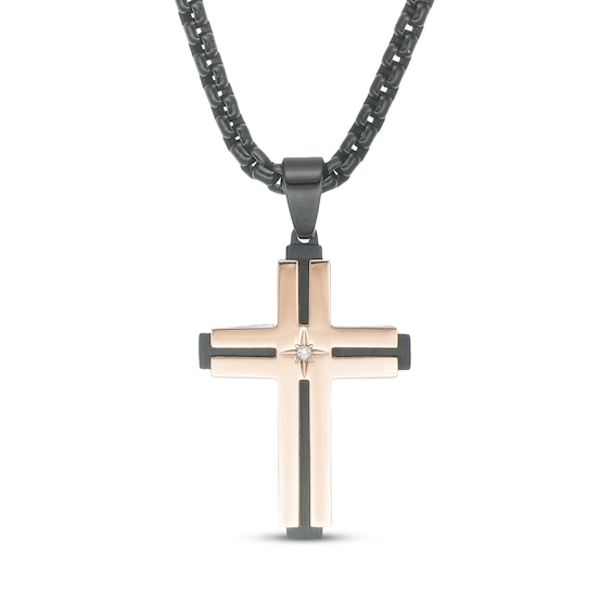 Men's Diamond Accent Cross Necklace Black & Rose Ion-Plated Stainless Steel 24"