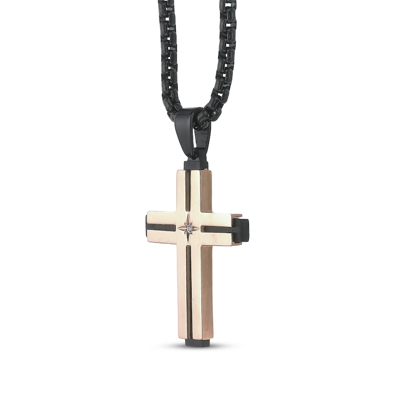 Main Image 2 of Men's Diamond Accent Cross Necklace Black & Rose Ion-Plated Stainless Steel 24"