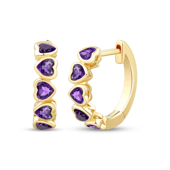 Heart-Shaped Amethyst Stacked Hoop Earrings 10K Yellow Gold