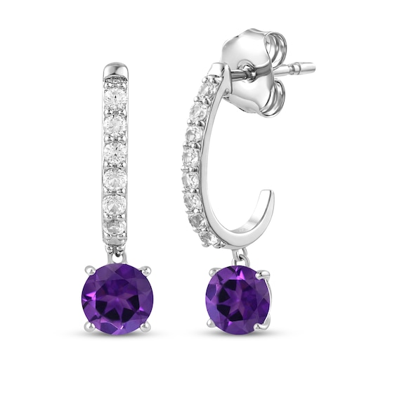 Natural Amethyst & White Lab-Created Sapphire J-Hoop Drop Earrings Sterling Silver