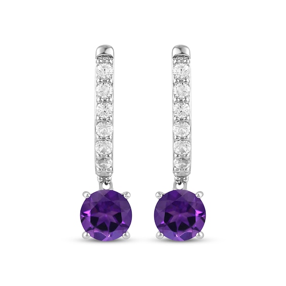 Thumbnail Image 2 of Natural Amethyst & White Lab-Created Sapphire J-Hoop Drop Earrings Sterling Silver