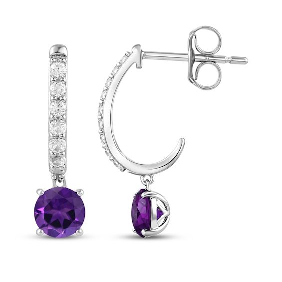 Thumbnail Image 3 of Natural Amethyst & White Lab-Created Sapphire J-Hoop Drop Earrings Sterling Silver