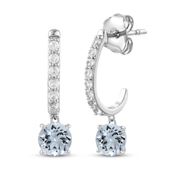 Natural Aquamarine & White Lab-Created Sapphire J-Hoop Drop Earrings Sterling Silver