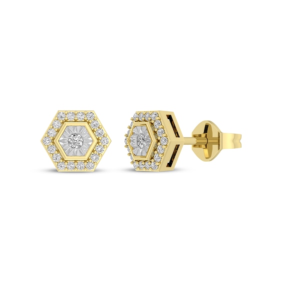 Diamond Hexagon Halo Stud Earrings 1/8 ct tw 10K Yellow Gold