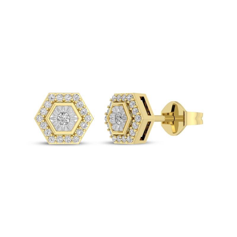 Main Image 1 of Diamond Hexagon Halo Stud Earrings 1/8 ct tw 10K Yellow Gold