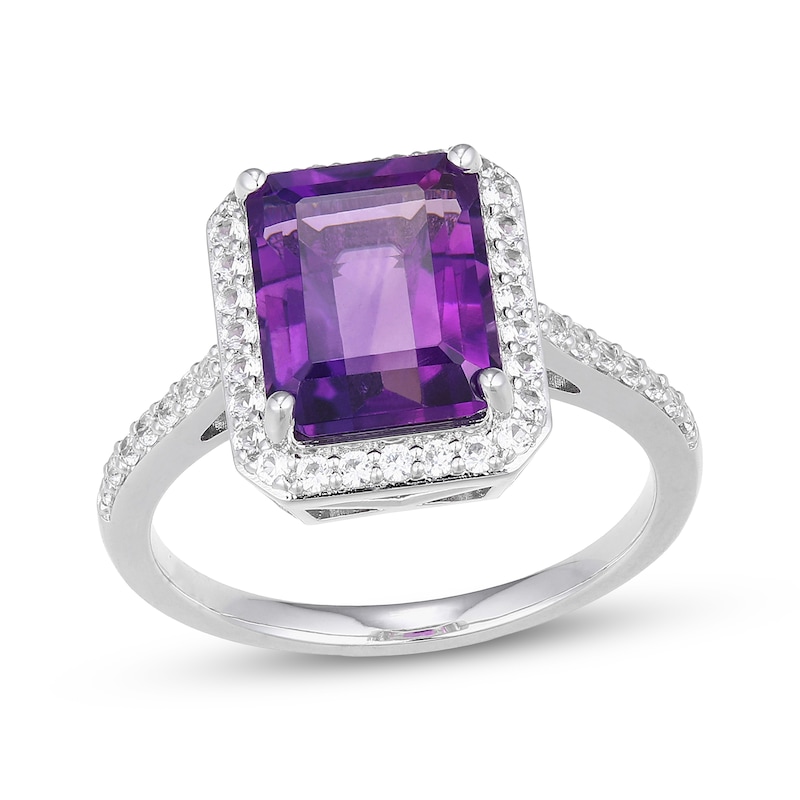 Main Image 1 of Emerald-Cut Natural Amethyst & White Lab-Created Sapphire Halo Ring Sterling Silver