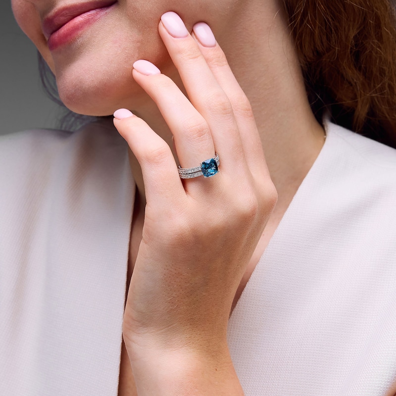 Main Image 4 of Neil Lane Cushion-Cut London Blue Topaz & Round-Cut Diamond Bridal Set 7/8 ct tw 14K White Gold