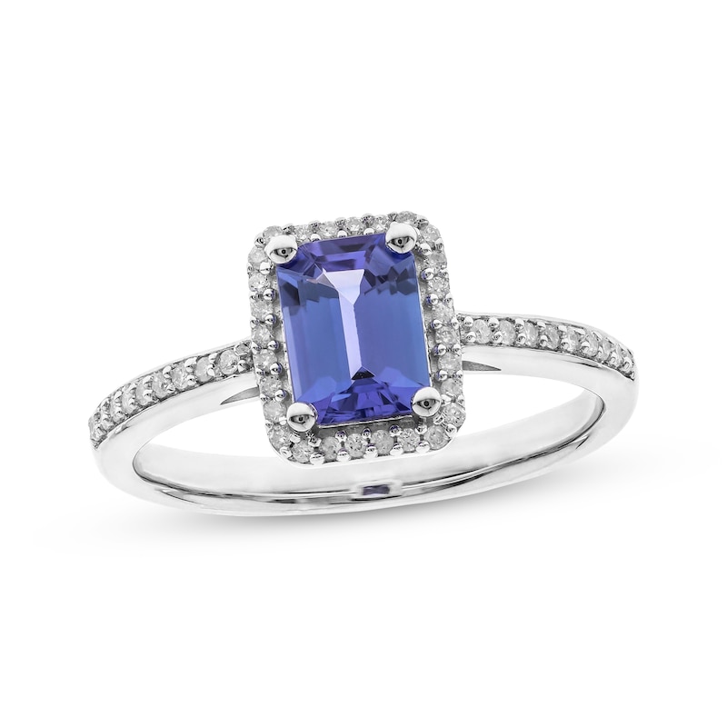 Main Image 1 of Emerald-Cut Tanzanite & Round-Cut Diamond Ring 1/6 ct tw Sterling Silver