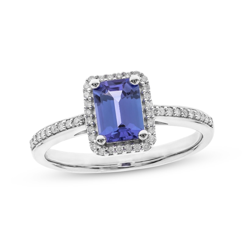 Emerald-Cut Tanzanite & Round-Cut Diamond Ring 1/6 ct tw Sterling Silver