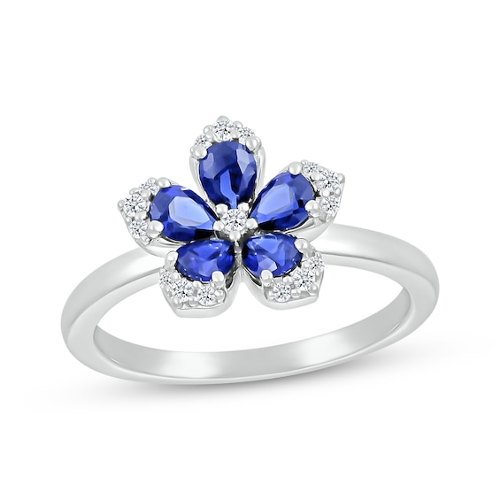 Pear-Shaped Blue Lab-Created Sapphire & Round-Cut White Lab-Created Sapphire Flower Ring Sterling Silver