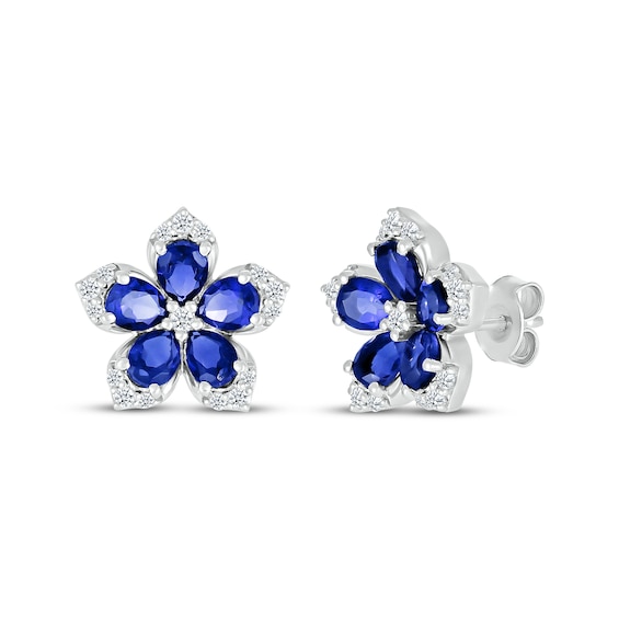 Pear-Shaped Blue Lab-Created Sapphire & Round-Cut White Lab-Created Sapphire Flower Stud Earrings Sterling Silver
