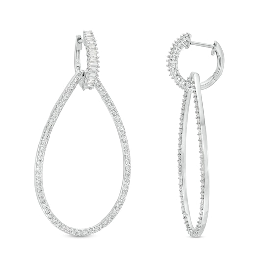 Baguette & Round-Cut Diamond Teardrop Door Knocker Earrings 1-1/2 ct tw 14K White Gold