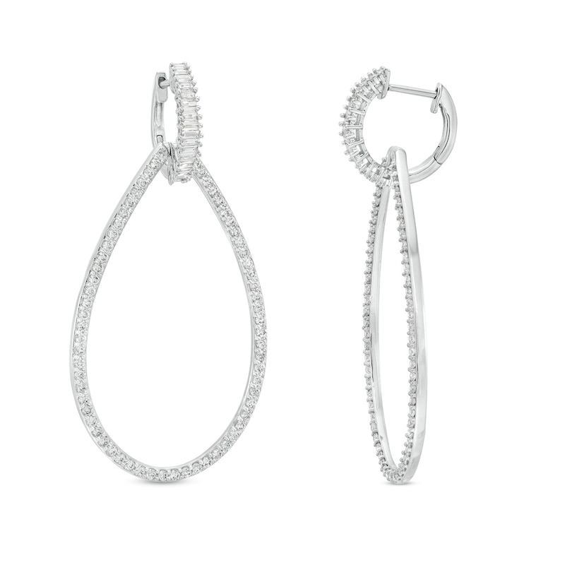 Main Image 1 of Baguette & Round-Cut Diamond Teardrop Door Knocker Earrings 1-1/2 ct tw 14K White Gold