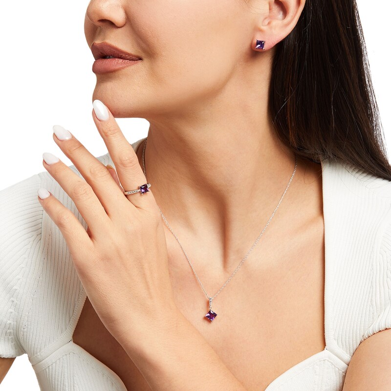 Square-Cut Amethyst & Round-Cut Lab-Created White Sapphire Gift Set Sterling Silver - Size 7