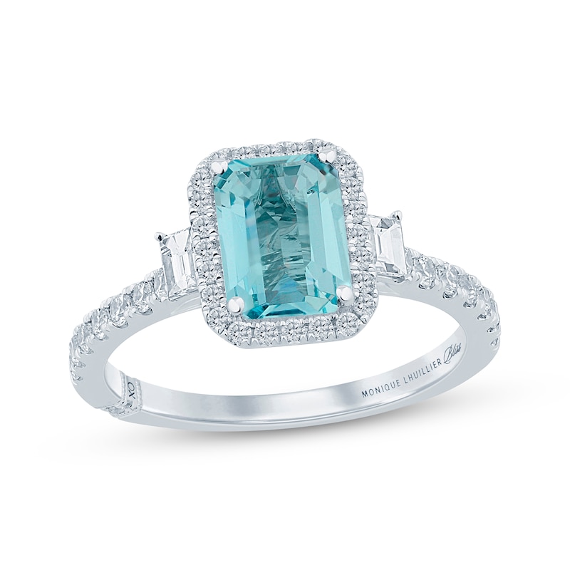 Monique Lhuillier Bliss Emerald-Cut Aquamarine & Diamond Frame Engagement Ring 1/2 ct tw 14K White Gold