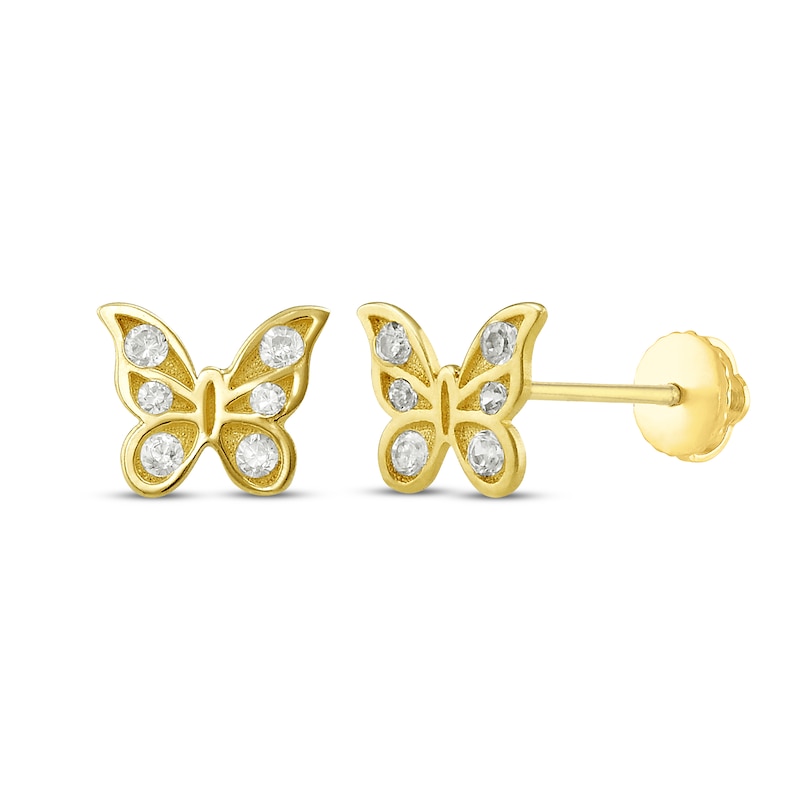 Girls Jewelry - 14K Yellow Gold Butterfly White CZ Screw Back Earrings