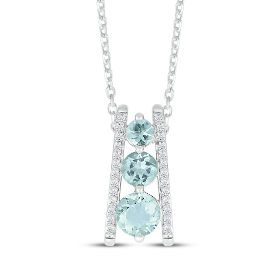 Aquamarine & Diamond Three-Stone Ladder Necklace 1/10 ct tw 10K White Gold 18"
