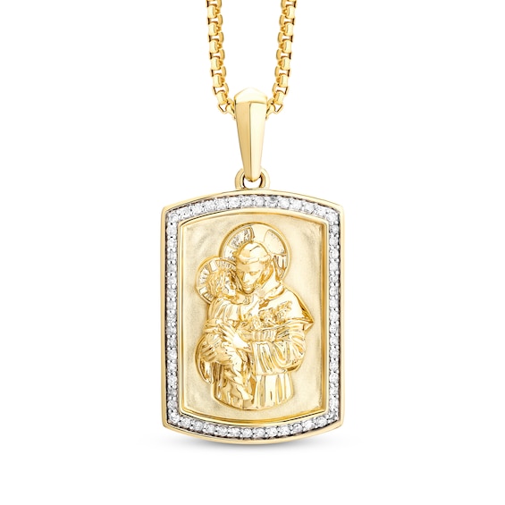 Men's White & Black Diamond Saint Anthony Rectangle Necklace 1/3 ct tw 10K Yellow Gold 22"